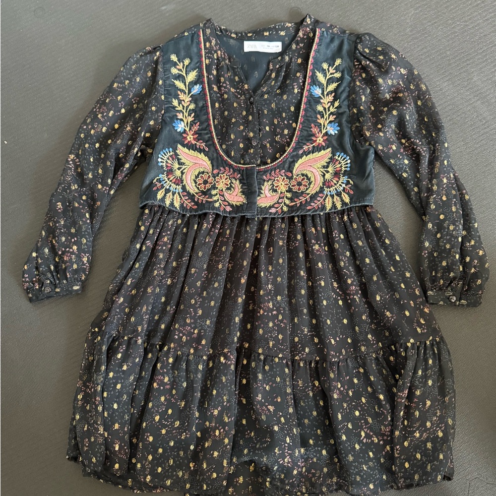 Zara Black Floral Embroidered Kids Dress